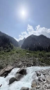 Fast Flowing Swat River Between Rocky Mountains in Kalam Pakistan Stock Photos