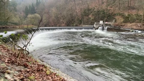 Fast Flowing Water Over Solingen Weir On The River Wupper. Video stock 168570256