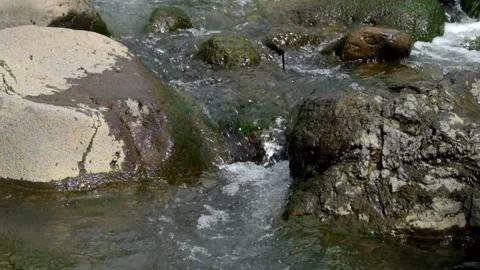 Fast flowing water on the rocks on the edge of the river Видео 297656491
