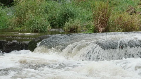 A fast flowing waterfall on the river creates lots of white water. 4K tripod Stock Footage 141371958