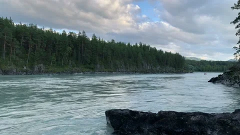 A fast-flowing wide and full-flowing mountain river. Stock Footage 205554226