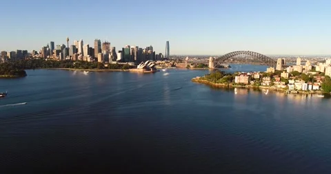 Fast flying over Sydney Harbour from city CBD landmarks – 4k. Stock Footage 147293106