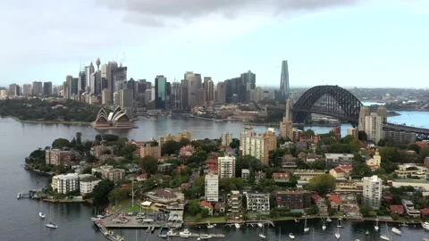 Fast flying to Sydney city CBD waterfront across Harbour and North Shore 4k. Stock Footage 149012143