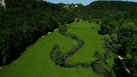 Fast flyover above River to Castle - Swabian Alb Stock Footage 112031236