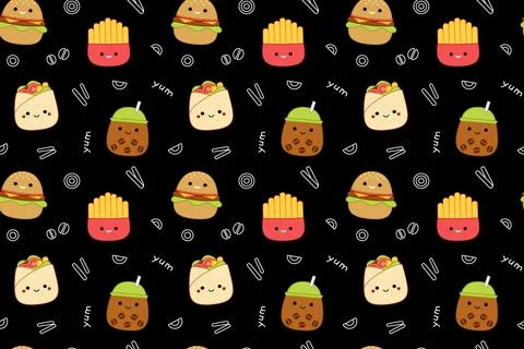 Fast food on black seamless pattern. Squishmallow. Cute fast food. Kawaii Stock Illustration