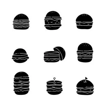 Fast food burger solid icons collection. glyph hand drawn style. isolated i.. Illustrazione stock