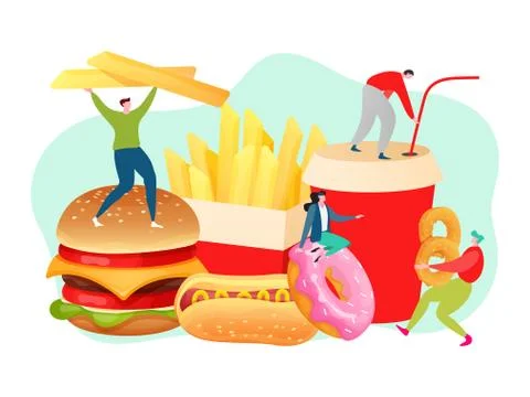 Fast food concept, tiny people with burger, french fries, hot dog and cola Stock-Illustration