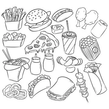 Fast Food decorative seamless pattern. Hand drawn vector Fast Food background Stock Illustration