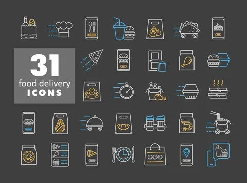 Fast food delivery vector flat icons set Stock Illustration
