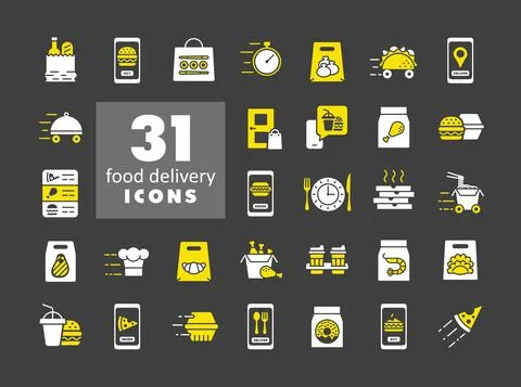 Fast food delivery vector flat icons set Stock Illustration