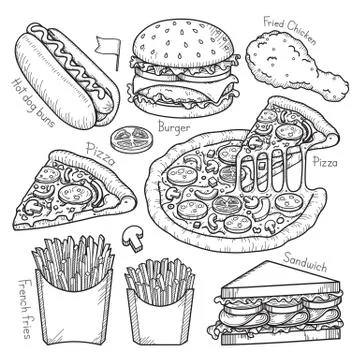 Fast food doodle elements hand drawn style. Vector Illustrations. Stock Illustration