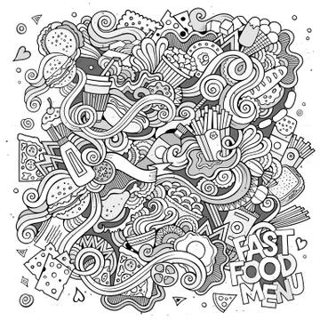 Fast food doodles elements background Illustrazione stock