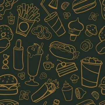 Fast food drawings seamless pattern. Line arts with dark background Stock Illustration