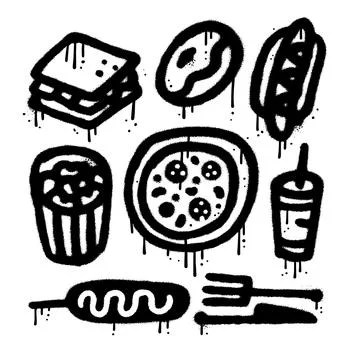 Fast food elements set in y2k urban graffiti style. Black air sprayed graphic Illustrazione stock