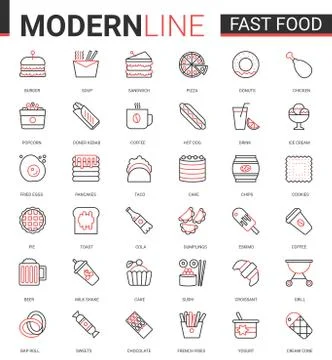 Fast food flat thin red black line icons vector illustration set, junk food Stock Illustration