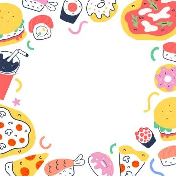 Fast food frame border background template with trendy doodle illustrations of Illustrazione stock