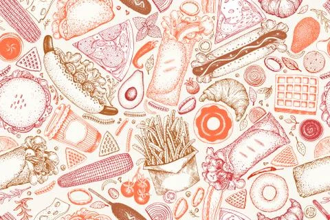 Fast food hand drawn vector seamless pattern. Street food background design Illustrazione stock