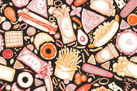 Fast food hand drawn vector seamless pattern. Street food background design Stock Illustration