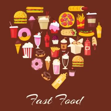 Fast food in heart shape vector illustration. Cartoon i love unhealthy burger イラスト素材