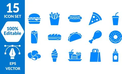 Fast Food Icon Bundle Design Featuring Various Takeaway Meals and Snacks Set Stock Illustration