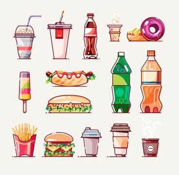 Fast food icon set. Flat style. Vector illustration. Stock Illustration