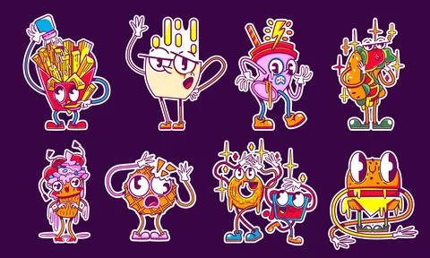 Fast food icons, cute retro stickers in y2k style Stock Illustration