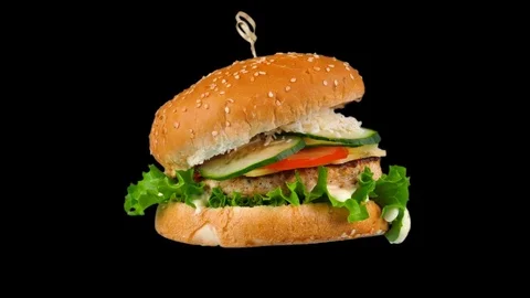 Fast food isolated object, Cheeseburger with chicken and fresh vegetables, loop Stock Footage 79642053