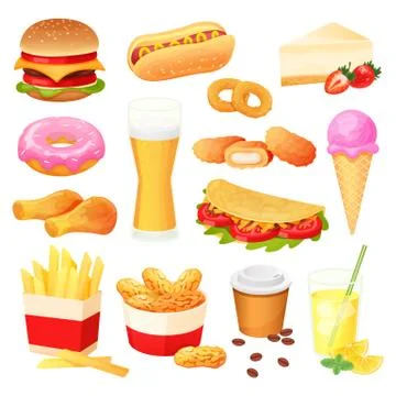 Fast food isolated set, snack menu collection, hamburger and sweets, vector Stock Illustration
