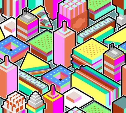 Fast food isometric pattern seamless. Slice of pizza and a donut. Soda and .. Stock Illustration