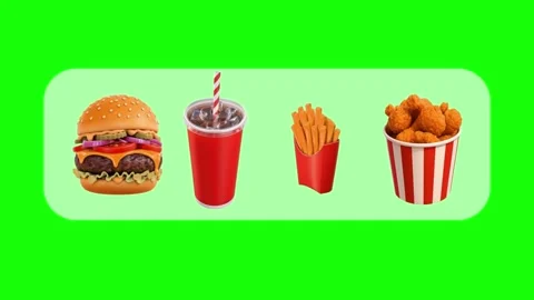 Fast Food Items Bouncing to Form the Word FOOD On Green Screen Vídeo Stock 340359729