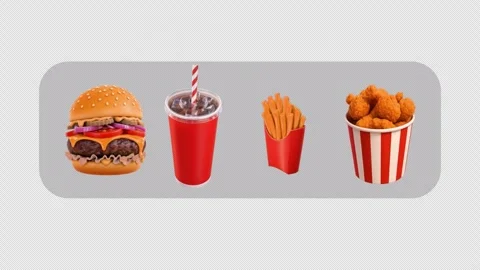 Fast Food Items Bouncing to Form the Word FOOD On Alpha Channel Vidéo 340359803