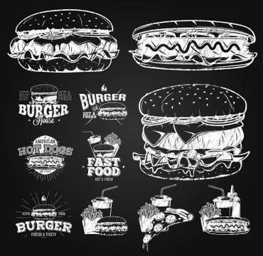 Fast Food Label, Logos and design elements chalk drawing Stock Illustration