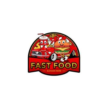 Fast food logo vector template, delivery food with burger, drink and car ic.. Stock Illustration