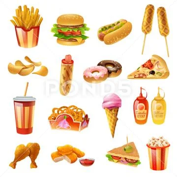 Fast Food Menu Colorful Icons Set Stock Illustrationen