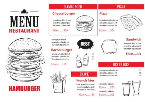 Fast food menu design template. Restaurant or cafe hamburger cover hand drawn Stock Illustration