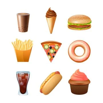 Fast food menu flat icons set Stock Illustration