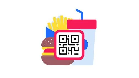 Fast food menu QR code vector illustration with burger fries and drink. Stock Illustration