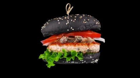 Fast food object, Big Black Burger with meat, mushrooms and vegetables, loop Stock Footage 79642122
