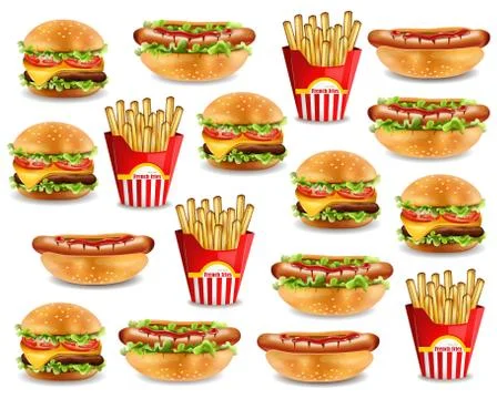 Fast food pattern with burger, hot dog, and french fries. Vector realistic 3d Ilustración de archivo