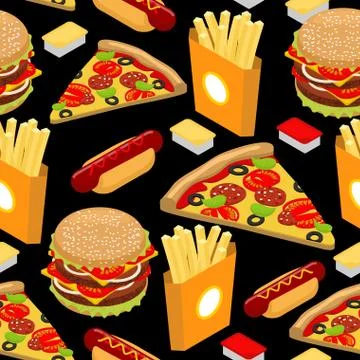 Fast food pattern. Hamburger and french fries on black background. Pizza and  Stock Illustration