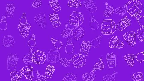 Fast Food Pattern on Purple Background - Pizza, Fries, and Drinks. Stock Illustration