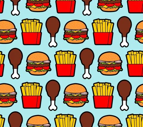 Fast food pattern seamless. burger and fried chicken leg and French fries bac Stock Illustration