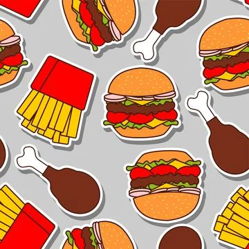 Fast food pattern seamless. burger and fried chicken leg and French fries bac Stock Illustration