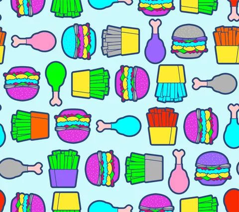 Fast food pattern seamless. burger and fried chicken leg and French fries bac Stock Illustration