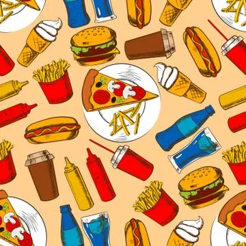 Fast food pattern with snacks and beverages Stock Illustration