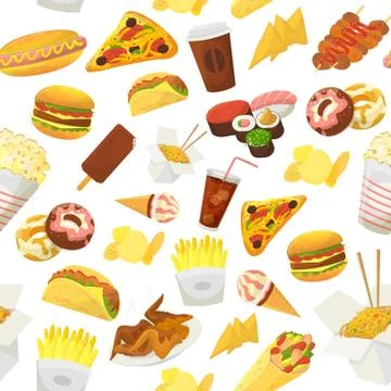 Fast food pattern vector illustration. Hamburger, pizza, roasted chicken and pop Stock Illustration