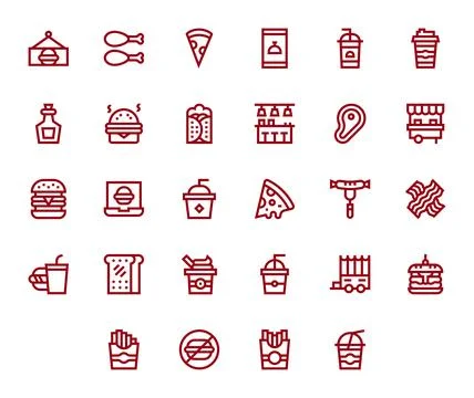 Fast Food Professional Vector Set with 28 Bold Line Pixel Aligned 256x256 Ico Stock Illustration