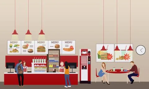 Fast food restaurant interior vector illustration. Horizontal banner in flat Stock Illustration
