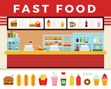 Fast food restaurant interior vector illustration. Fast food hamburger dinner Stock Illustration