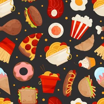Fast Food Seamless Pattern Design with Hamburger, Popcorn, Sweet and Hot Dog Stock Illustration
